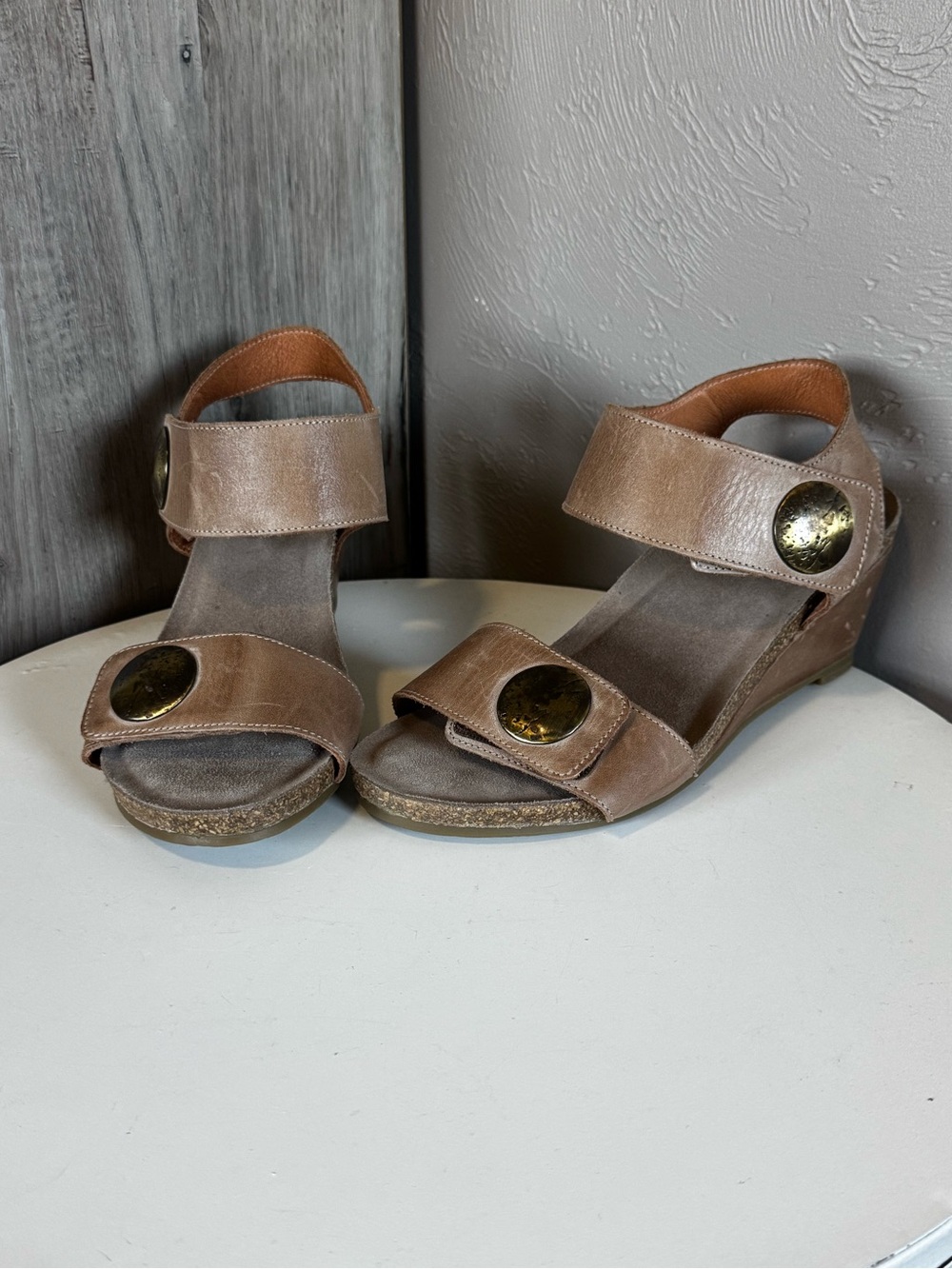 Taos Women's Tan Wedge Sandals with Decorative Button Accent